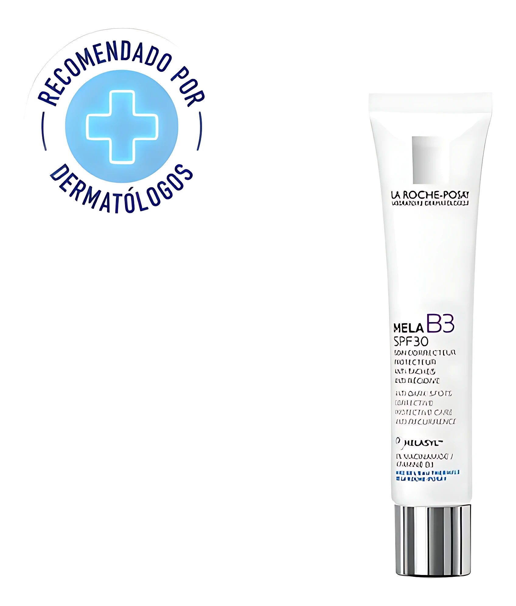 Tubo blanco de crema Mela B3 SPF30 con niacinamida, con sello de recomendación dermatológica en la esquina superior izquierda.