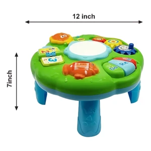 Mesa didáctica sensorial verde con piano, espejo central y botones interactivos; mide 12 pulgadas de ancho por 7 de alto, ideal para estimulación temprana.