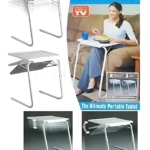 Mesa Table Mate II en color blanco, con estructura metálica y superficie plana, mostrada en uso sobre sofá y en vista de detalle de ajuste de altura.