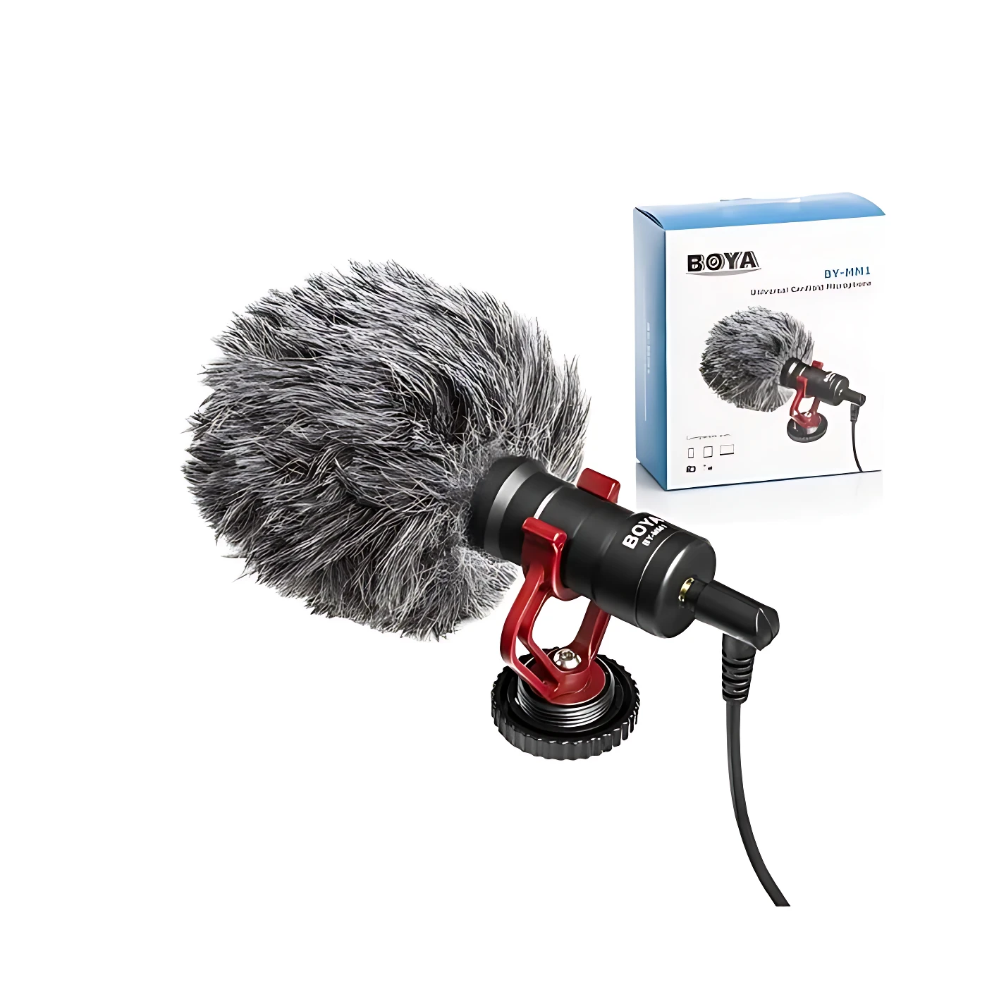 Micrófono Boya By-MM1 con funda antiruido gris y soporte rojo, junto a su caja azul y blanca.