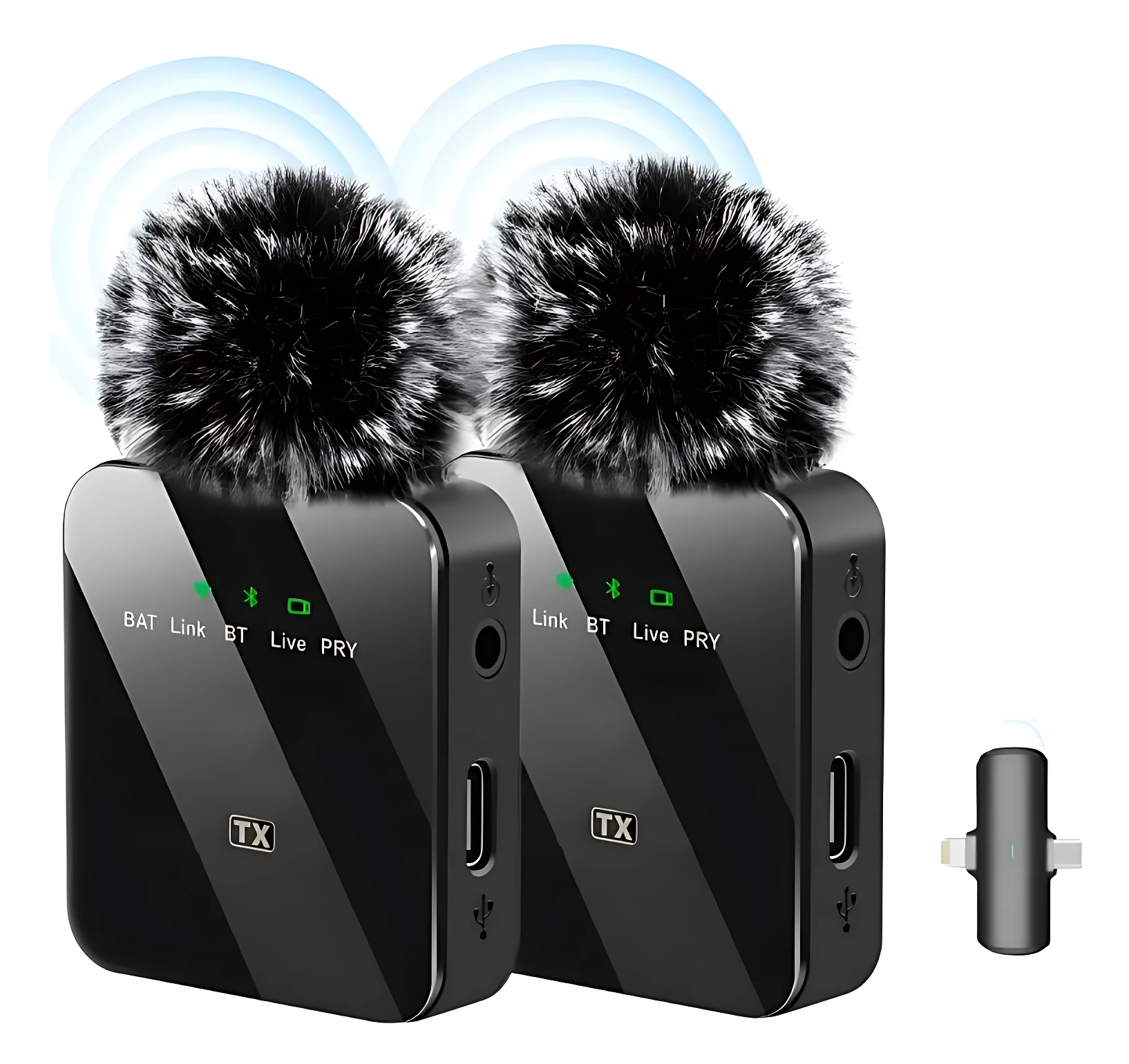 Dos micrófonos inalámbricos F13 con peluche negro, indicadores LED verdes y conectores USB-C visibles.