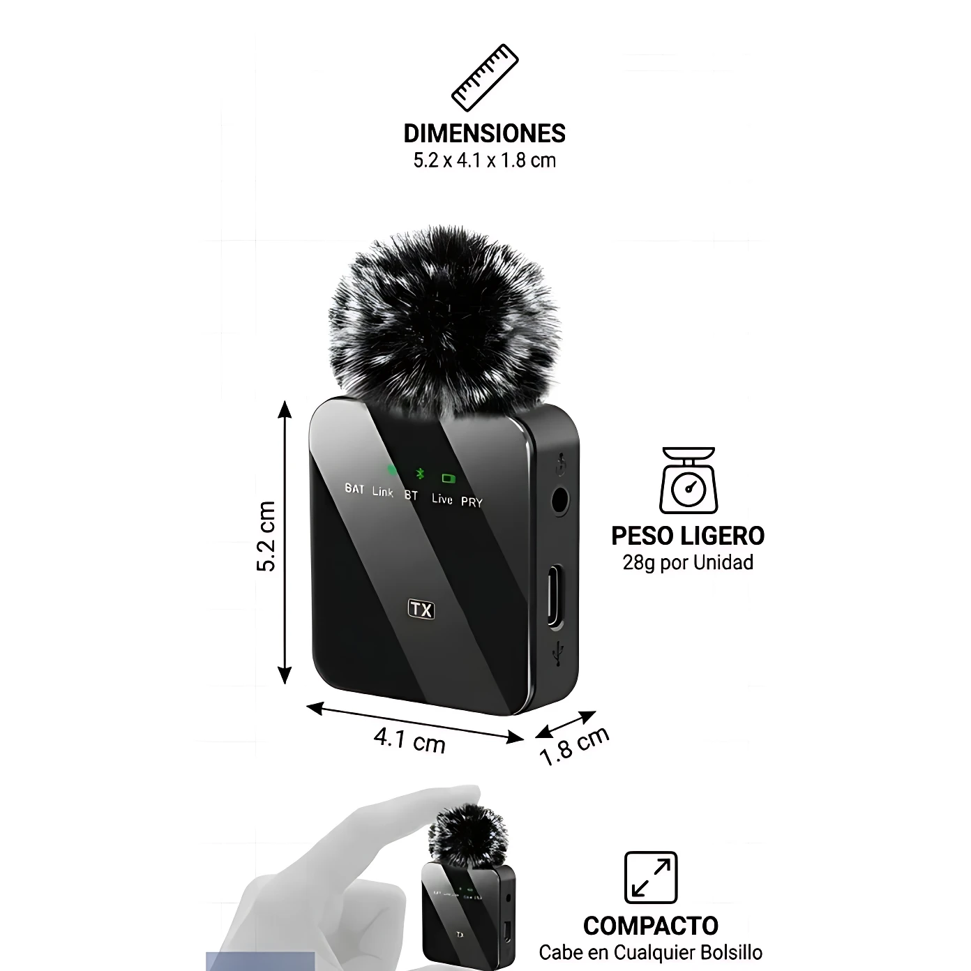 Microfono F13 inalámbrico negro compacto, con pelusa antiruido y dimensiones 5.2 x 4.1 x 1.8 cm, ideal para grabación móvil.