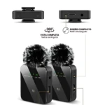 Microfono F13 inalámbrico negro con pelusa de protección, vista frontal y lateral, incluye receptor y transmisor con indicadores LED.