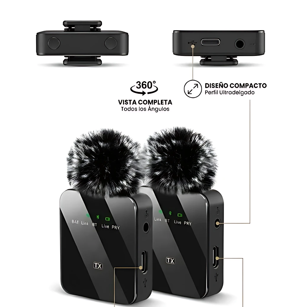 Microfono F13 inalámbrico negro con pelusa de protección, vista frontal y lateral, incluye receptor y transmisor con indicadores LED.