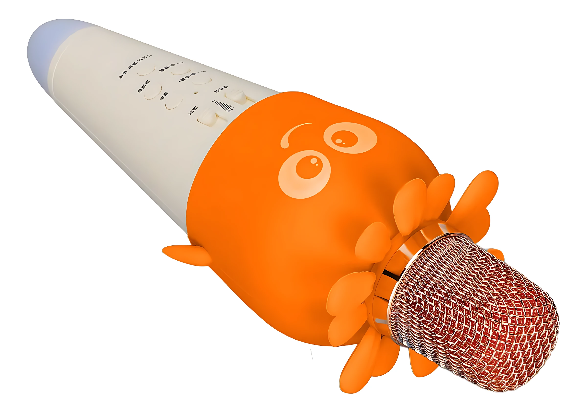 Micrófono infantil K5 en color naranja con forma de personaje, rejilla metálica y mango blanco con detalles gráficos.