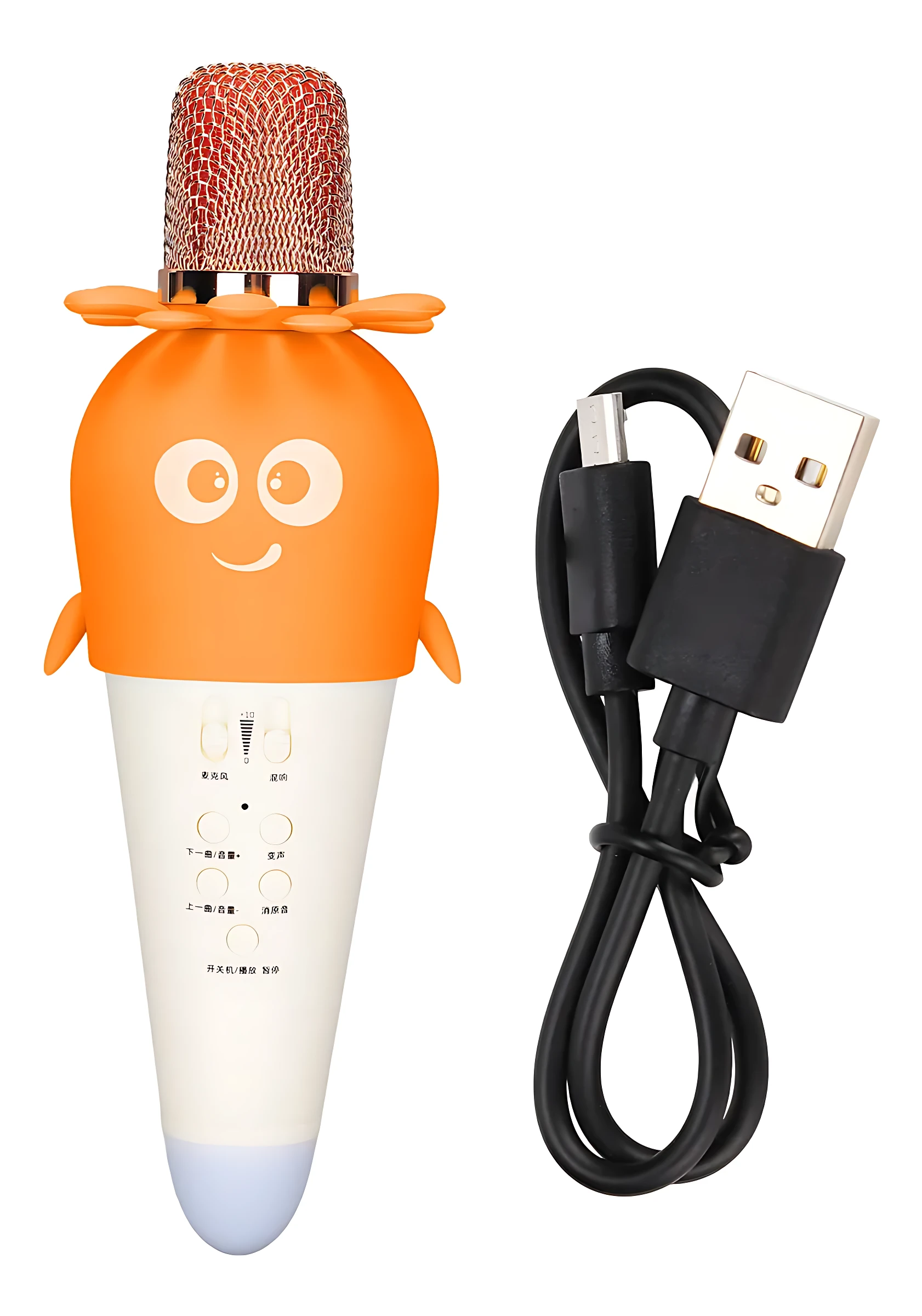 Micrófono K5 ergonómico para niños, color naranja con cara sonriente y base blanca, incluye cable USB negro.