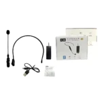 Kit de micrófono solapa inalámbrico K36 con diadema ergonómica, receptor, cable USB y manual, sobre fondo blanco.