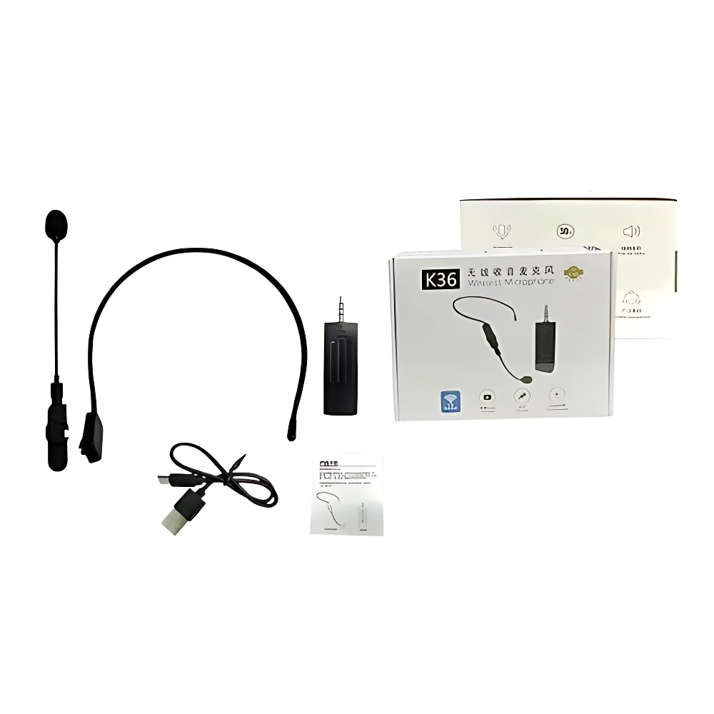 Kit de micrófono solapa inalámbrico K36 con diadema ergonómica, receptor, cable USB y manual, sobre fondo blanco.