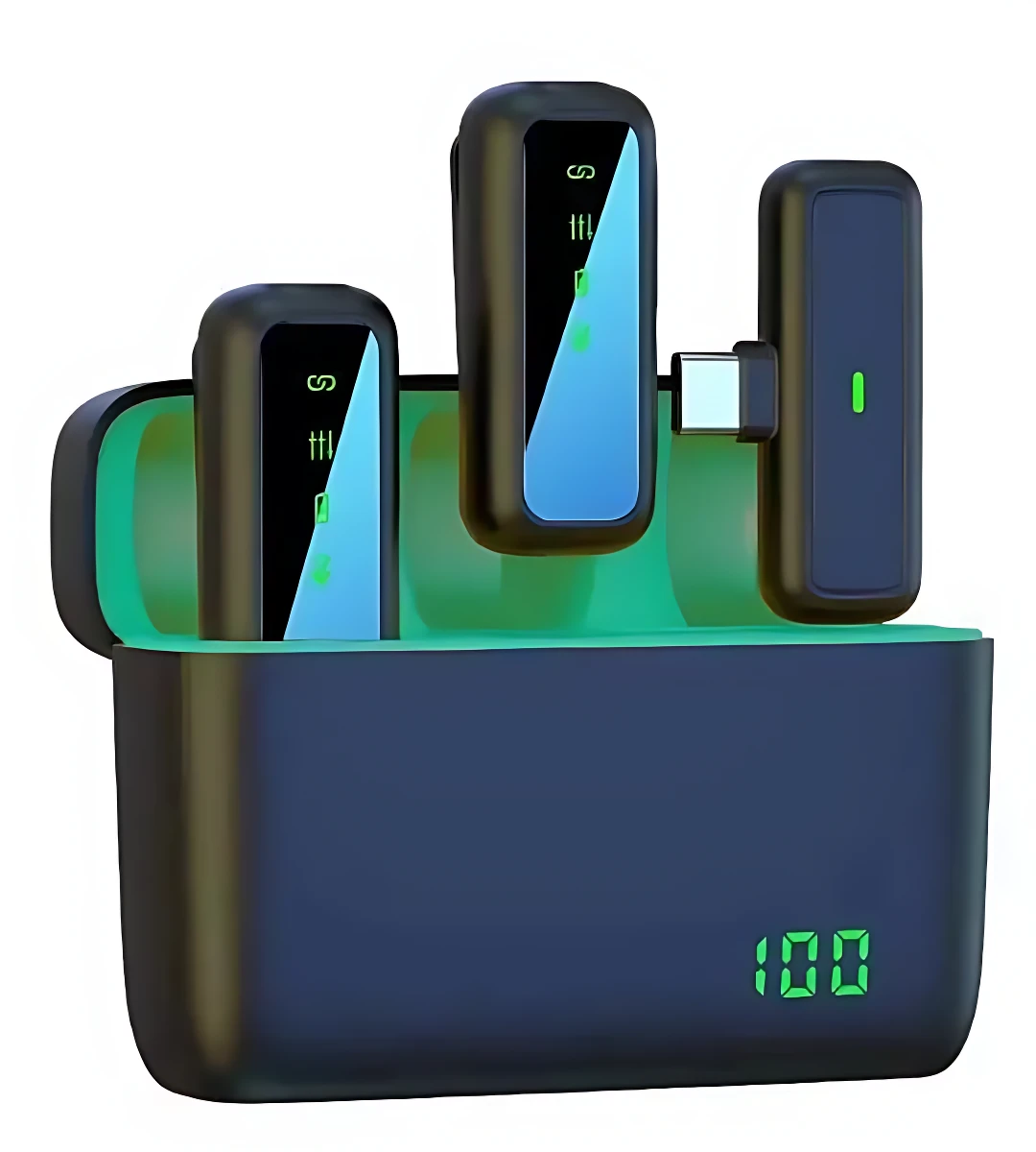 Cargador portátil negro con tres micrófonos solapa USB-C en su estuche, indicador digital al 100% y luces verdes de estado.