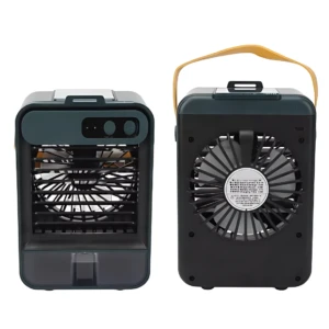Mini aire acondicionado portátil en color gris oscuro, mostrando vista frontal con rejilla de ventilación y panel de control, junto con vista trasera que incluye asa amarilla y etiqueta técnica.