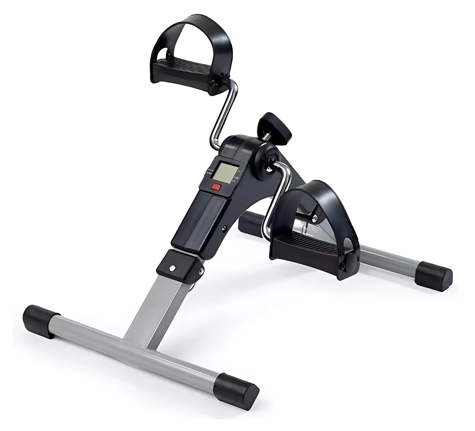 Bicicleta de ejercicio compacta en color negro y gris, con pantalla digital, manubrio ergonómico y base estable para entrenamiento en casa.