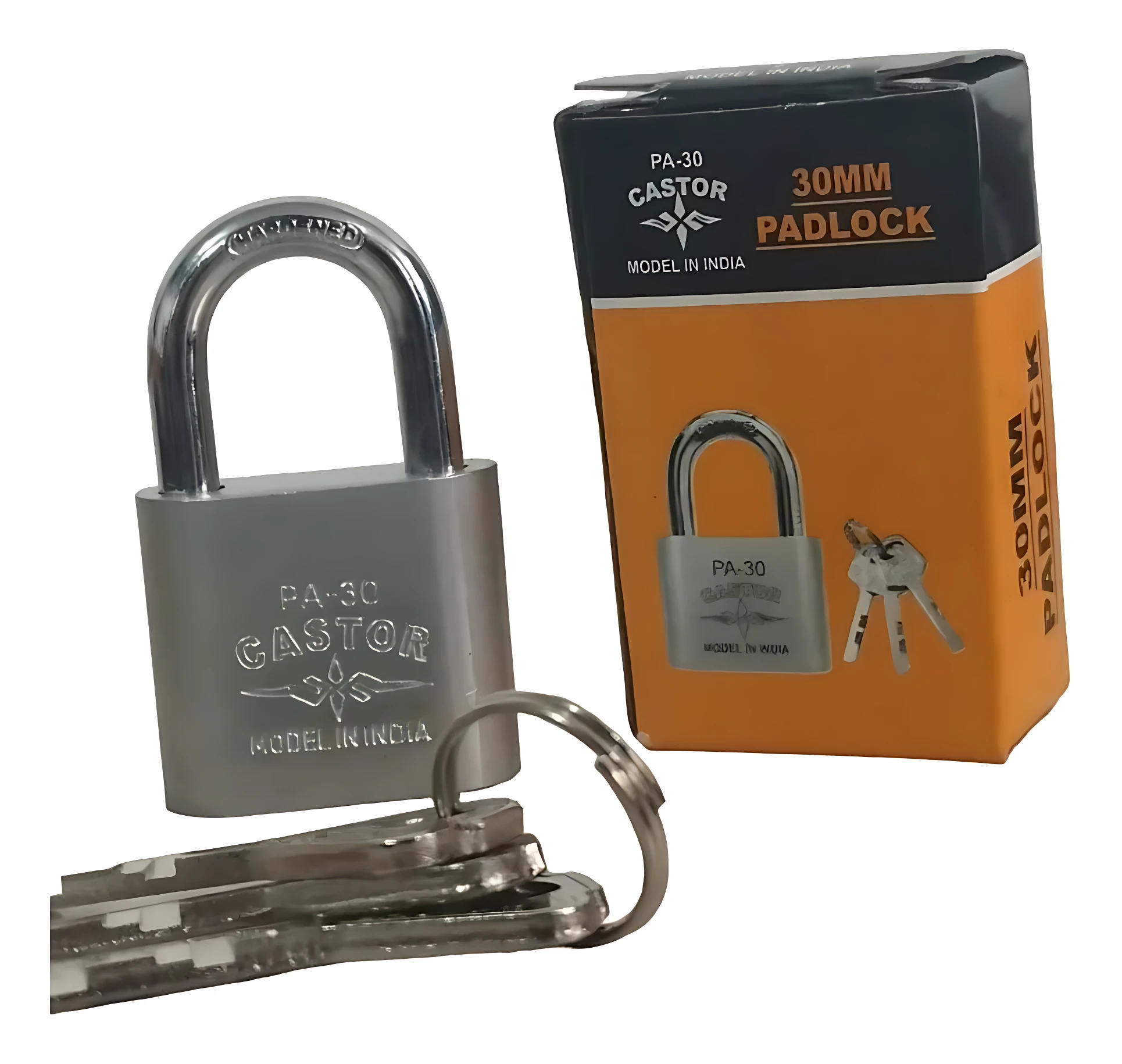 Candado de seguridad de acero de 30 mm con llaves, junto a su caja naranja y negra.