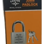 Candado de seguridad Castor modelo PA-30, 30 mm, acero inoxidable, con llaves incluidas, sobre fondo naranja y negro.