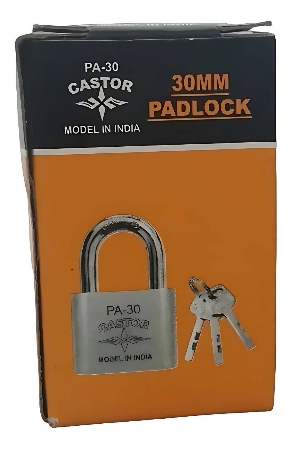 Candado de seguridad Castor modelo PA-30, 30 mm, acero inoxidable, con llaves incluidas, sobre fondo naranja y negro.