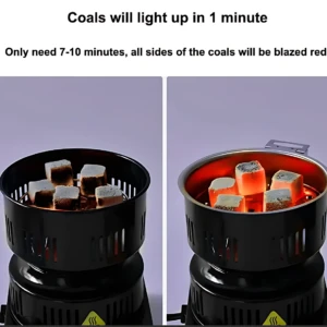 Estufa eléctrica de carbón en dos etapas: carbones encendiéndose en primer plano y brillando rojos en segundo, sobre base negra con rejilla ventilada.
