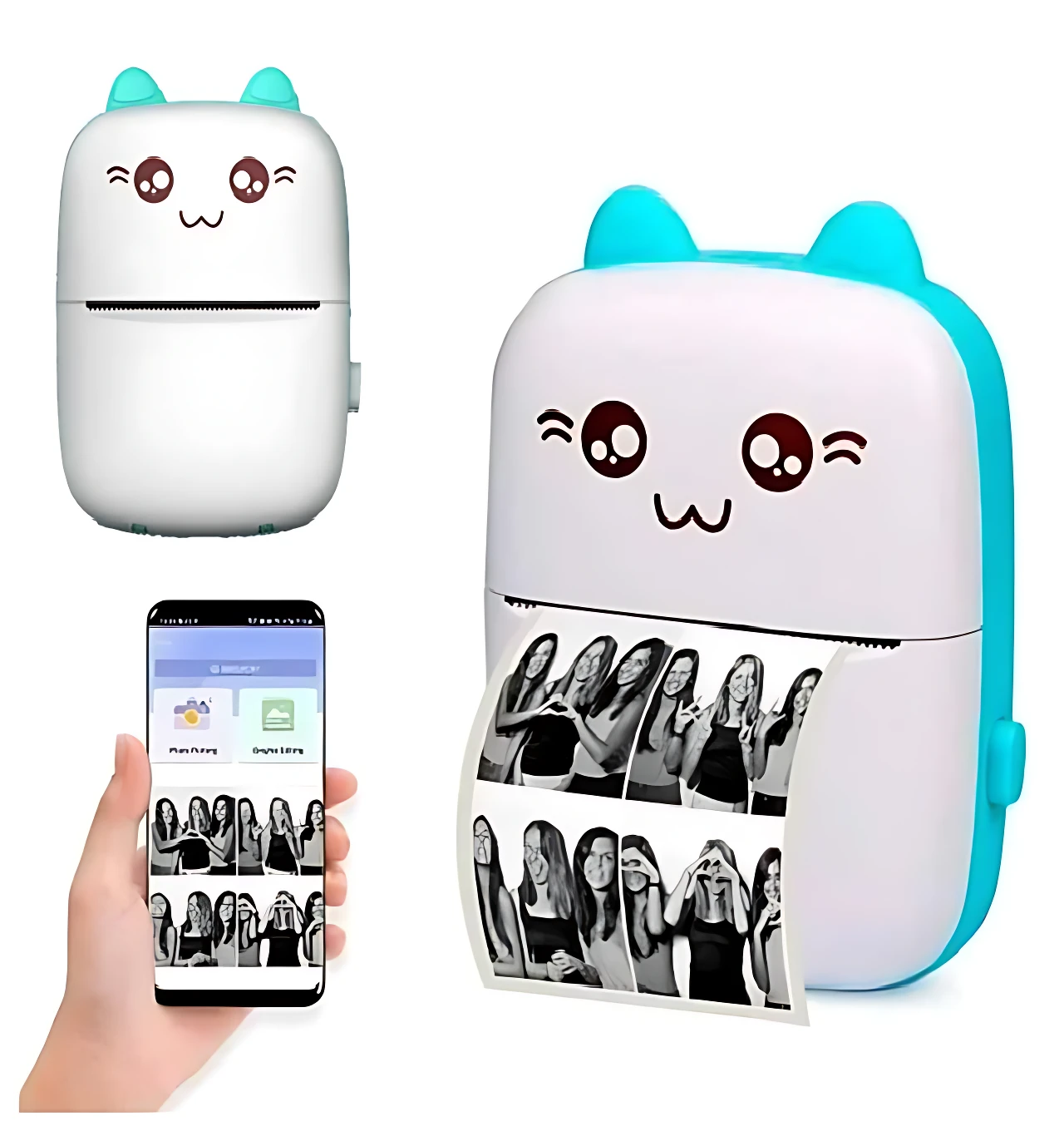 Mini impresora térmica portátil sin tinta, diseño blanco con detalles en azul cian y orejas de gato, mostrando impresión de fotos en blanco y negro desde su salida frontal.