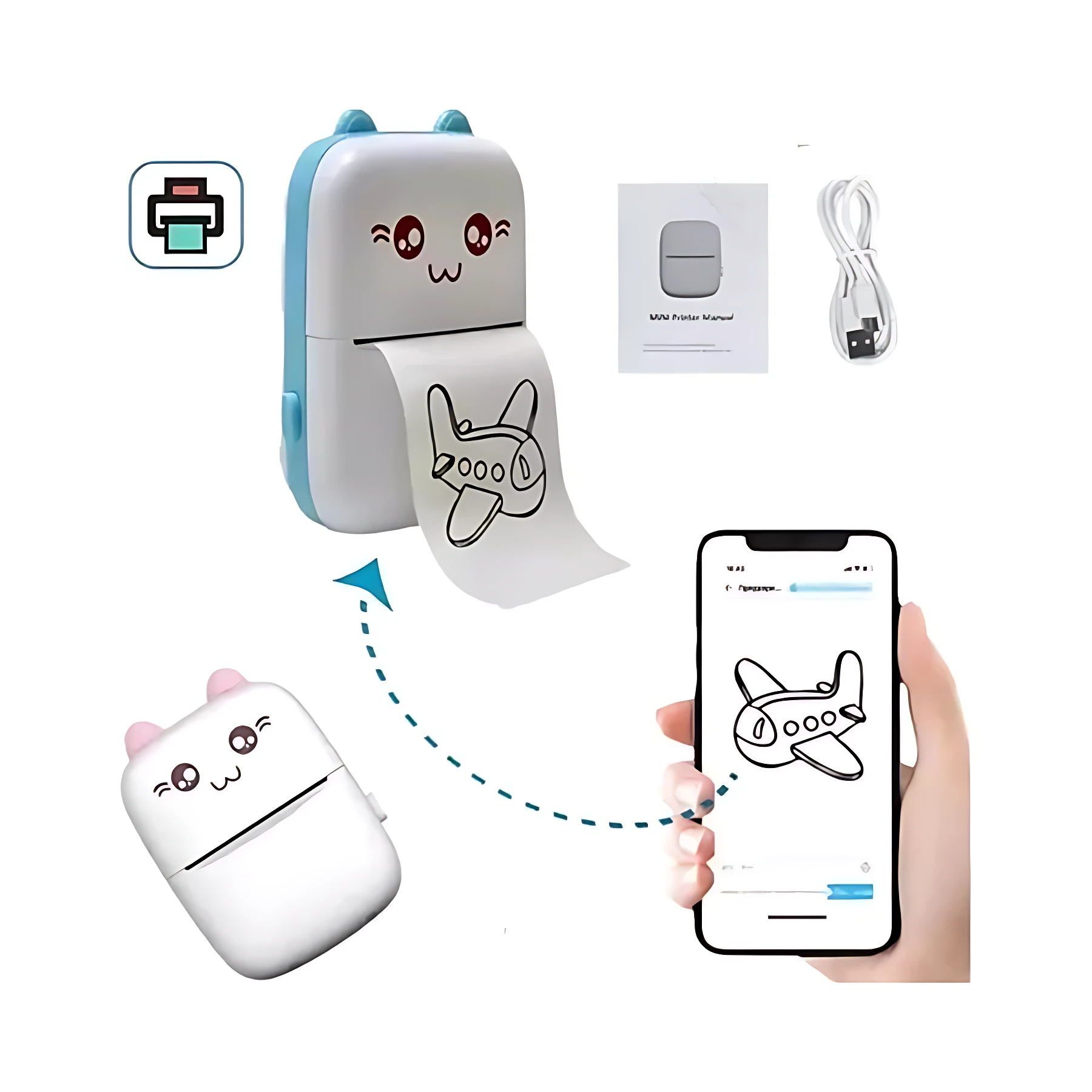 Impresora térmica portátil blanca con diseño de gato, mostrando salida de papel con dibujo de avión. Incluye cable USB, manual y versión compacta. Compatible con app móvil para imprimir fotos y notas al instante.