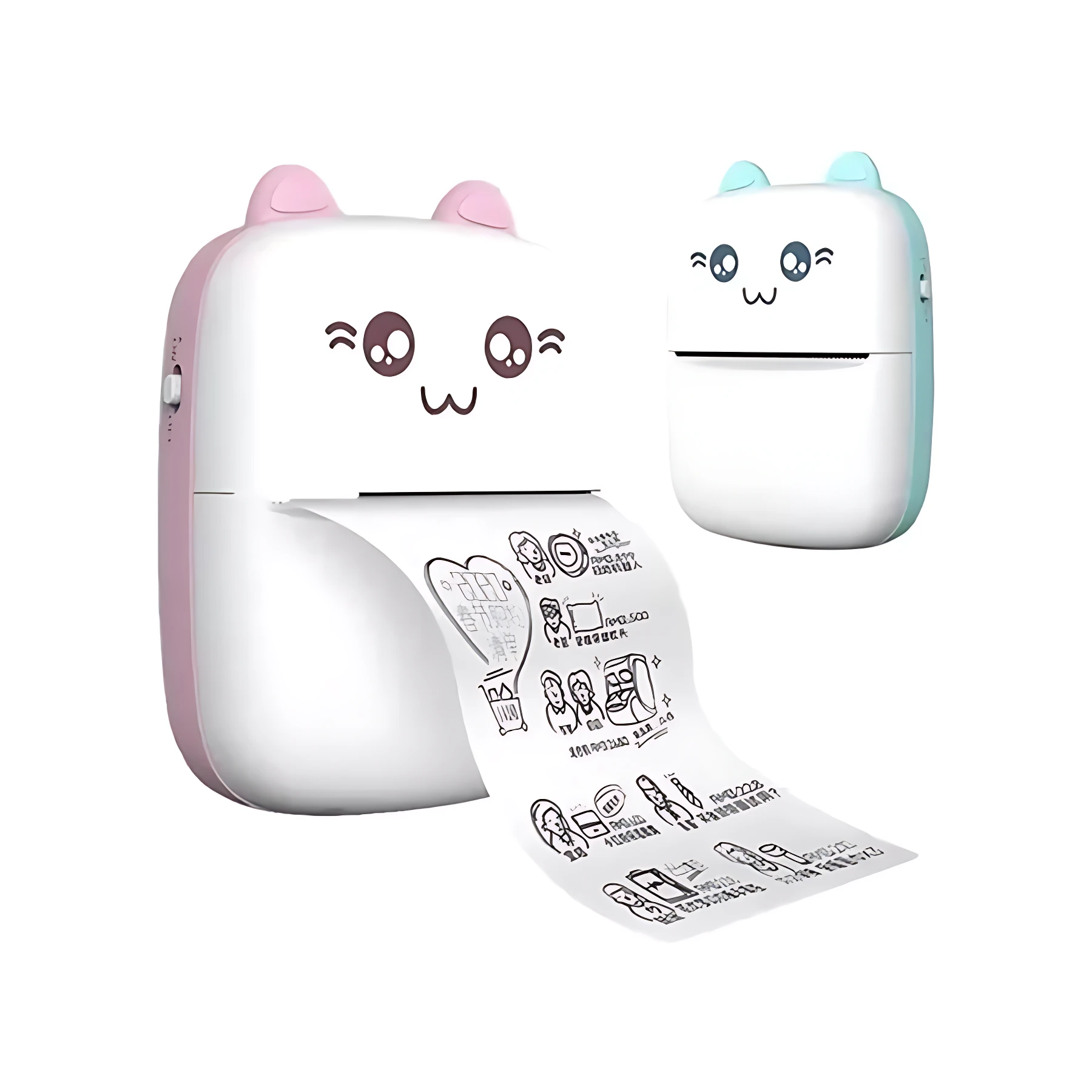 Mini impresora térmica portátil sin tinta en color rosa con diseño de gato, mostrando una etiqueta impresa con dibujos y texto.
