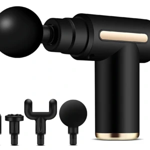 Masajeador manual negro con mango ergonómico y cinco cabezales intercambiables incluidos, ideal para aliviar tensión muscular.