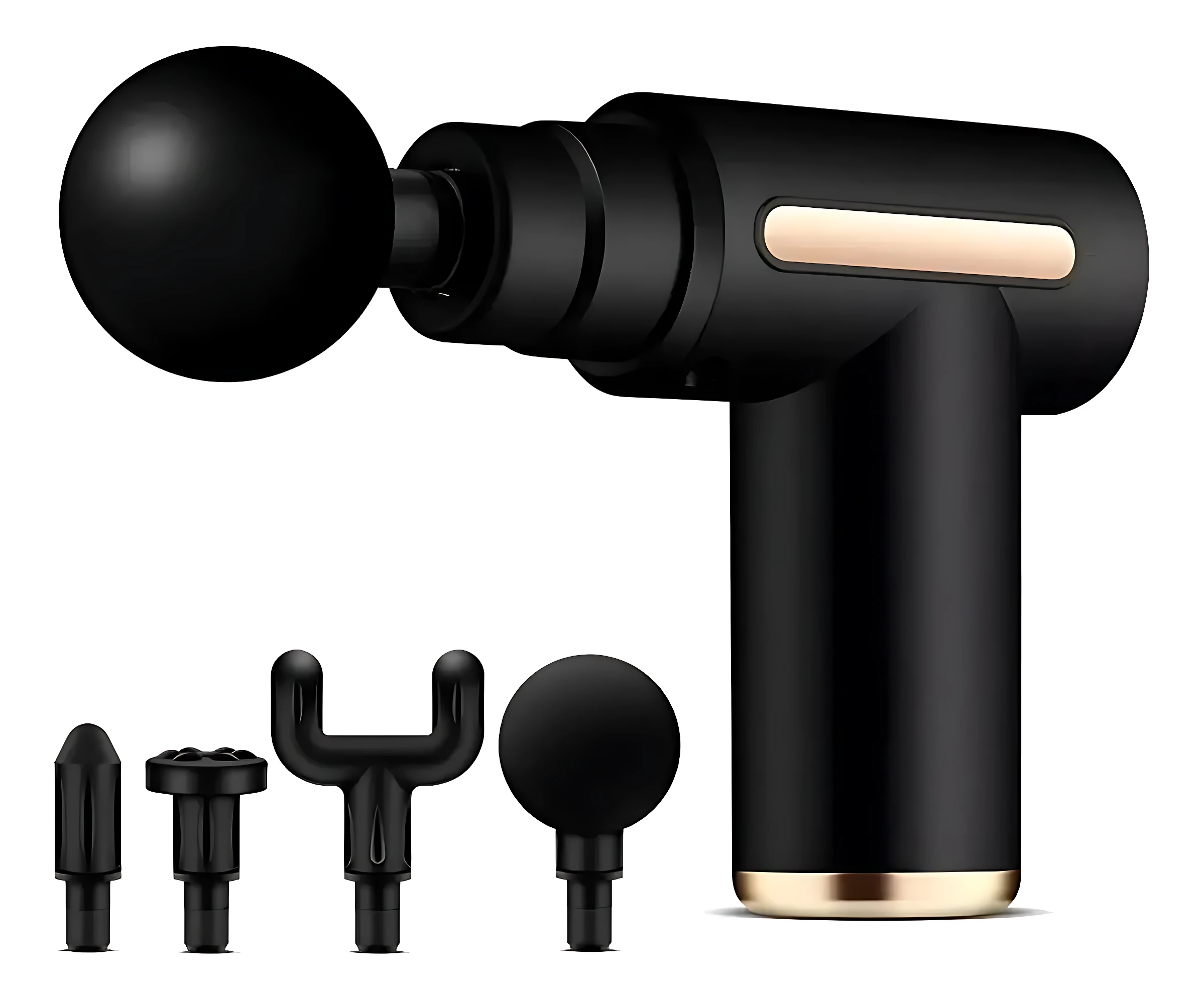 Masajeador manual negro con cabezal esférico y cuatro accesorios adicionales, diseño ergonómico con detalles dorados.