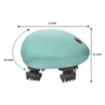 Masajeador de cabeza inalámbrico en color menta, con dimensiones de 108 mm de ancho, 70.3 mm de alto y 88.5 mm de profundidad, mostrando sus cuatro cabezales de masaje giratorios.
