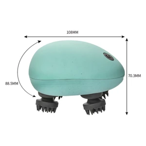 Masajeador de cabeza inalámbrico en color menta, con dimensiones de 108 mm de ancho, 70.3 mm de alto y 88.5 mm de profundidad, mostrando sus cuatro cabezales de masaje giratorios.