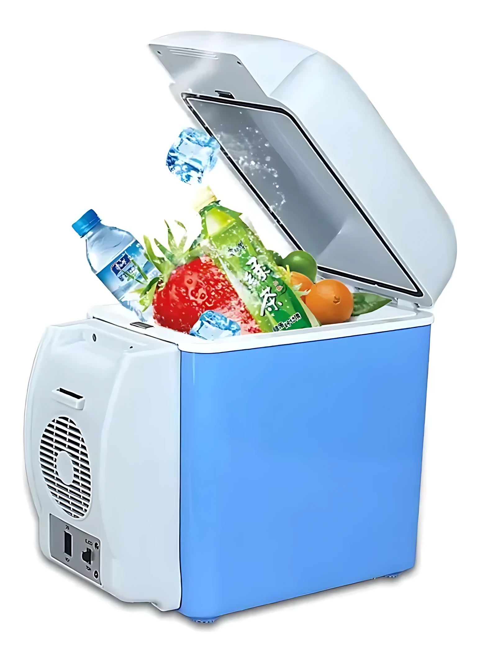 Mini nevera azul con tapa abierta, mostrando botella de agua, gaseosa, frutas y hielo dentro. Diseño compacto con ventilador lateral visible.