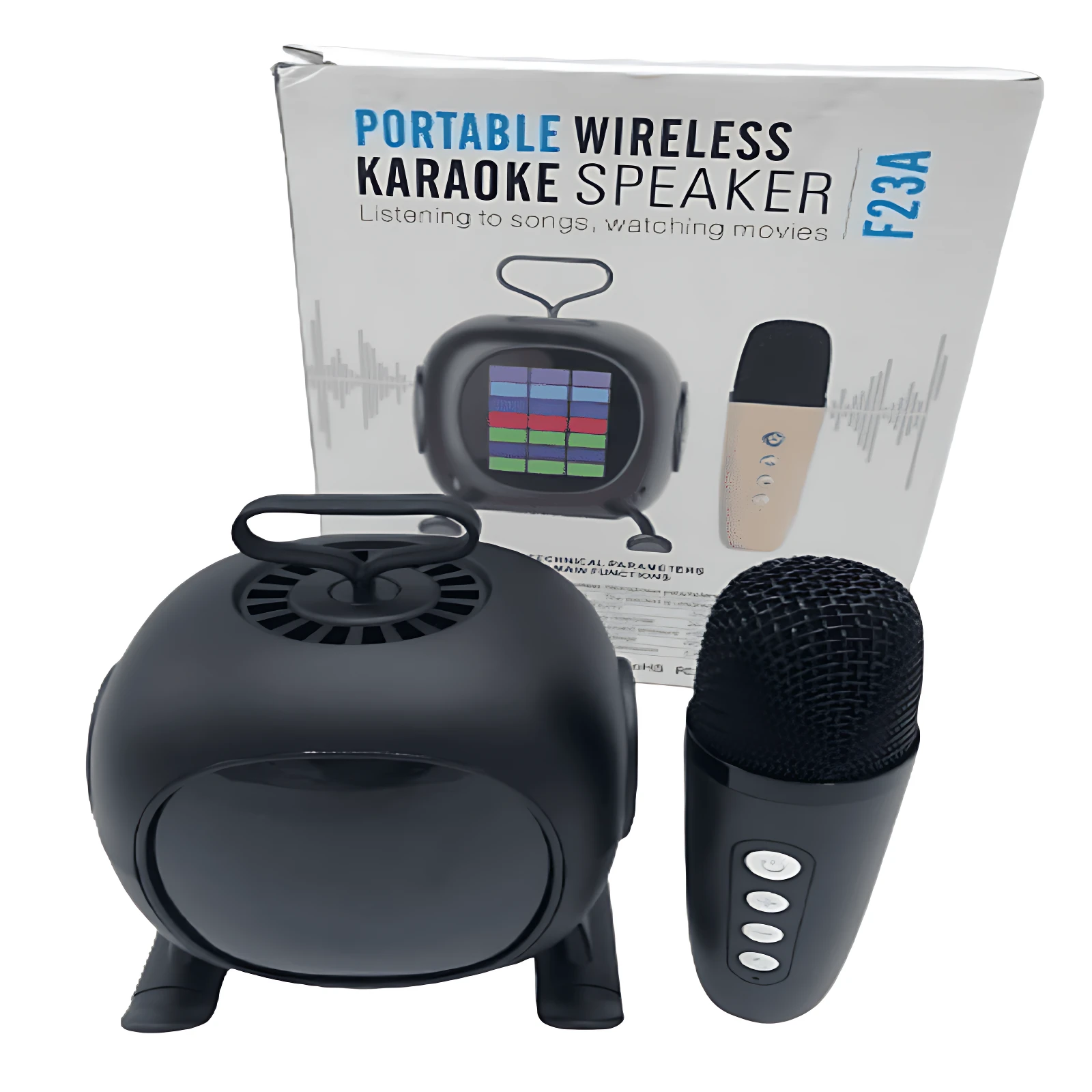 Mini parlante karaoke inalámbrico negro con micrófono incluido, sobre su caja de cartón blanco con del producto y texto descriptivo.