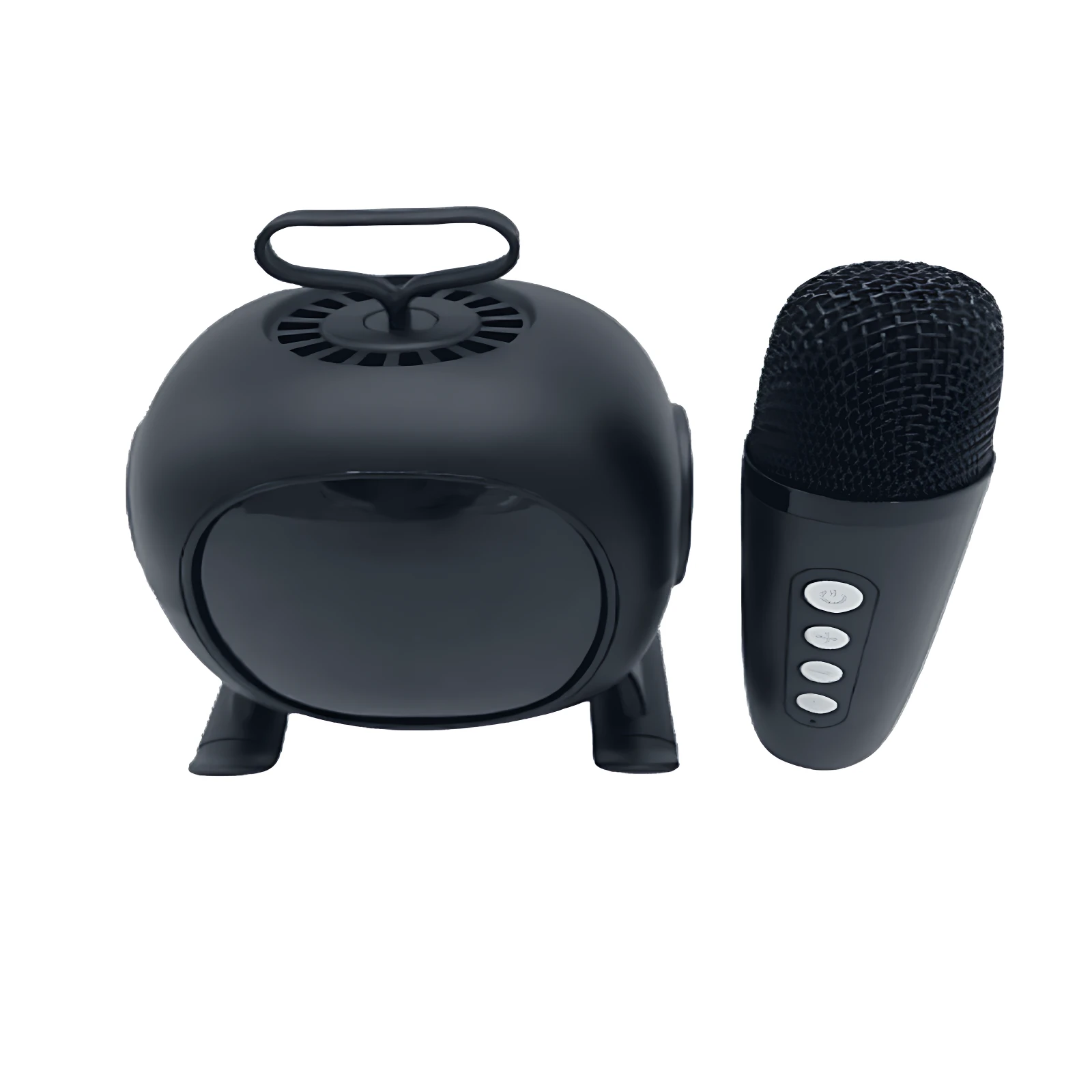 Mini parlante karaoke inalámbrico negro con micrófono incluido, ambos con acabado mate y diseño compacto sobre fondo blanco.
