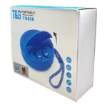 Caja del parlante portátil Tg-808-2 en color azul, con de auriculares inalámbricos y correa de transporte. Incluye iconos de funciones como Bluetooth y llamadas manos libres.