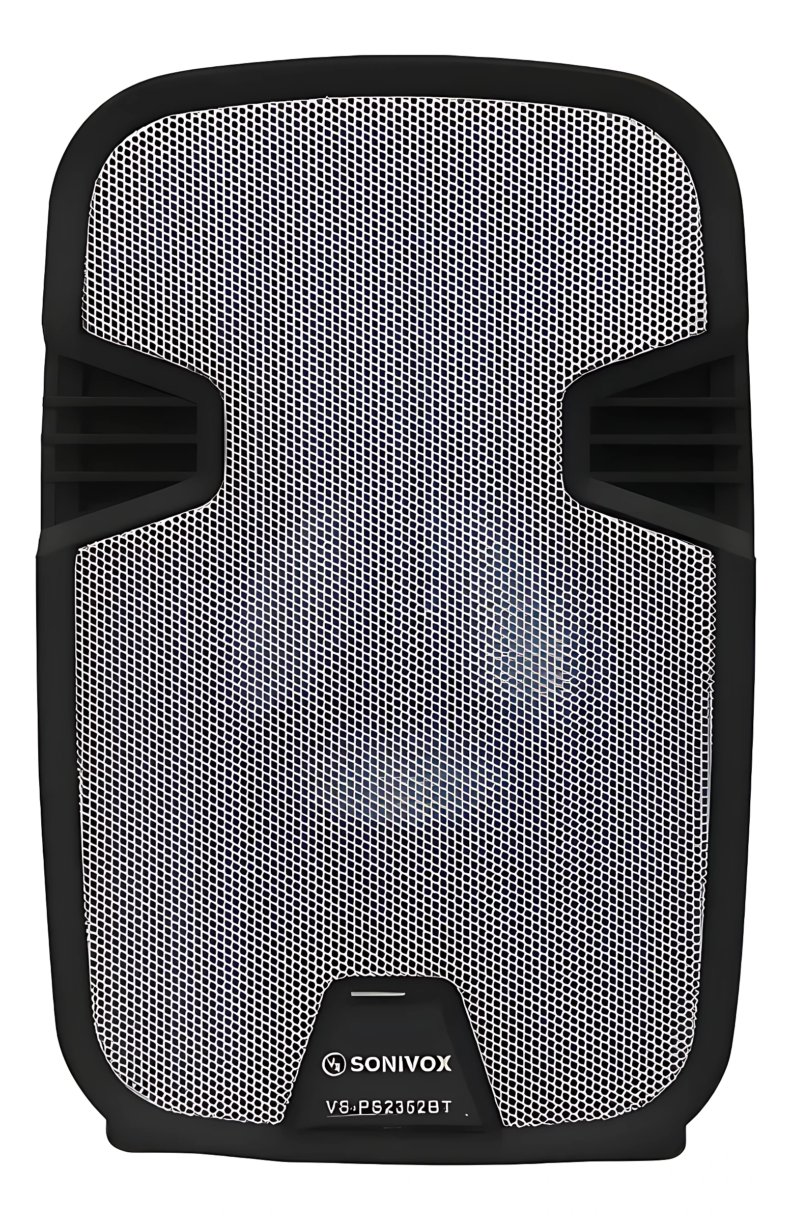 Mini parlante inalámbrico Sonivox VB-PB2302BT, color negro con rejilla perforada frontal y logotipo visible en la parte inferior.