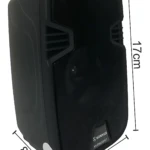 Parlante inalámbrico negro de 17 cm de alto, 11 cm de ancho y 8 cm de profundidad, con rejilla frontal y logotipo visible en la parte inferior.