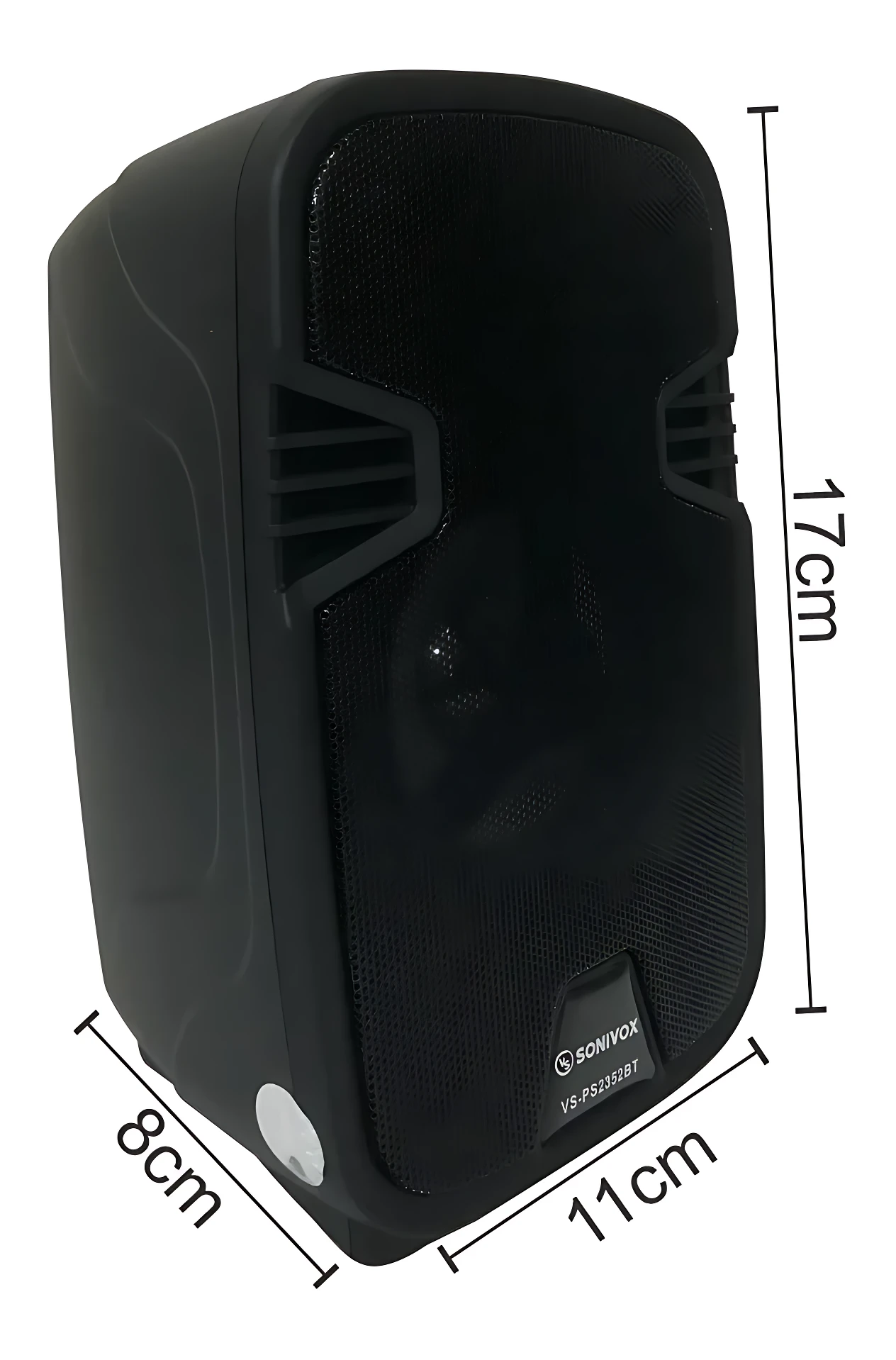 Parlante inalámbrico negro de 17 cm de alto, 11 cm de ancho y 8 cm de profundidad, con rejilla frontal y logotipo visible en la parte inferior.