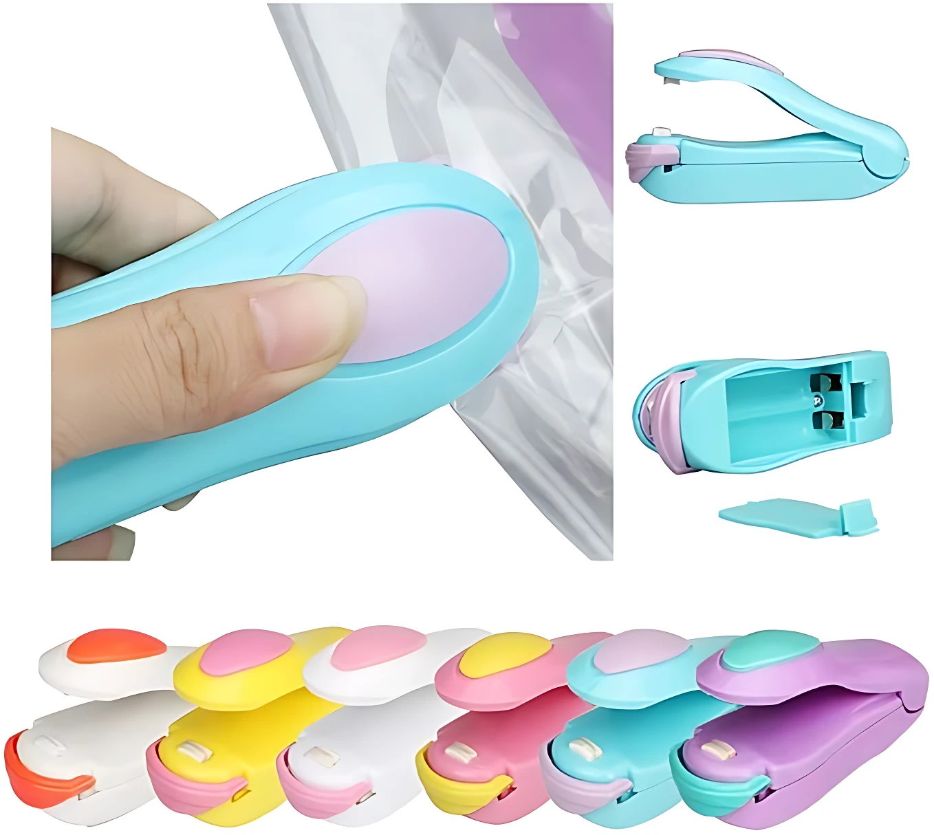 Set de tres mini selladores de bolsas en colores pastel, con detalles en rosa y azul claro, mostrando uso práctico y componentes desmontables para facilitar la limpieza.