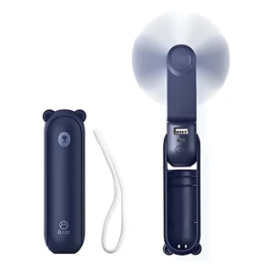 Mini ventilador recargable en color azul marino, con diseño de oso y función de carga USB. Incluye correa y muestra estado abierto y cerrado.