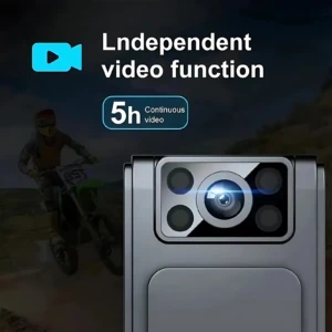 Videocámara compacta de color gris con lente central y sensores circulares, mostrando función de grabación de video independiente de 5 horas.