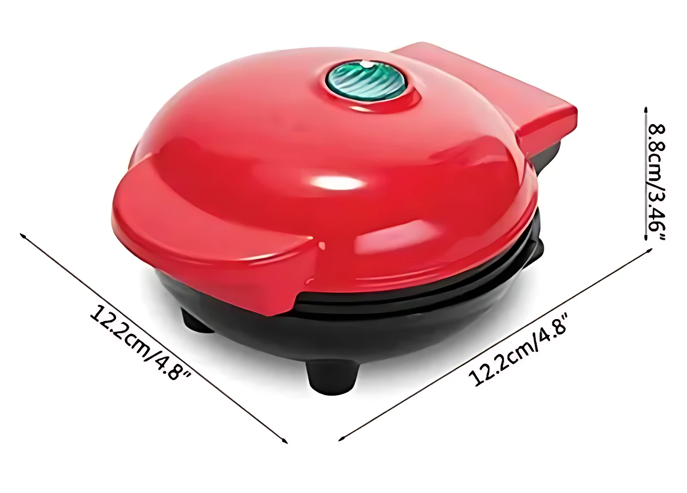 Mini waflera eléctrica roja con tapa redonda y botón verde, dimensiones 12,2 cm de ancho y 8,8 cm de alto, base negra con patas estables.