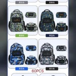 Mochila escolar juvenil tipo Totto con diseño geométrico en tonos azul, verde y negro, mostrando vista frontal y trasera con compartimentos extra y sistema de distribución de peso.