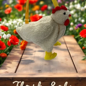 Mochila gallina de tela suave color beige con detalles en rojo y amarillo, colgada sobre superficie de madera con flores de fondo.