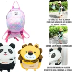 Mochila infantil con diseño de panda y león, correas antideslizantes y cierre doble en poliéster resistente al agua.