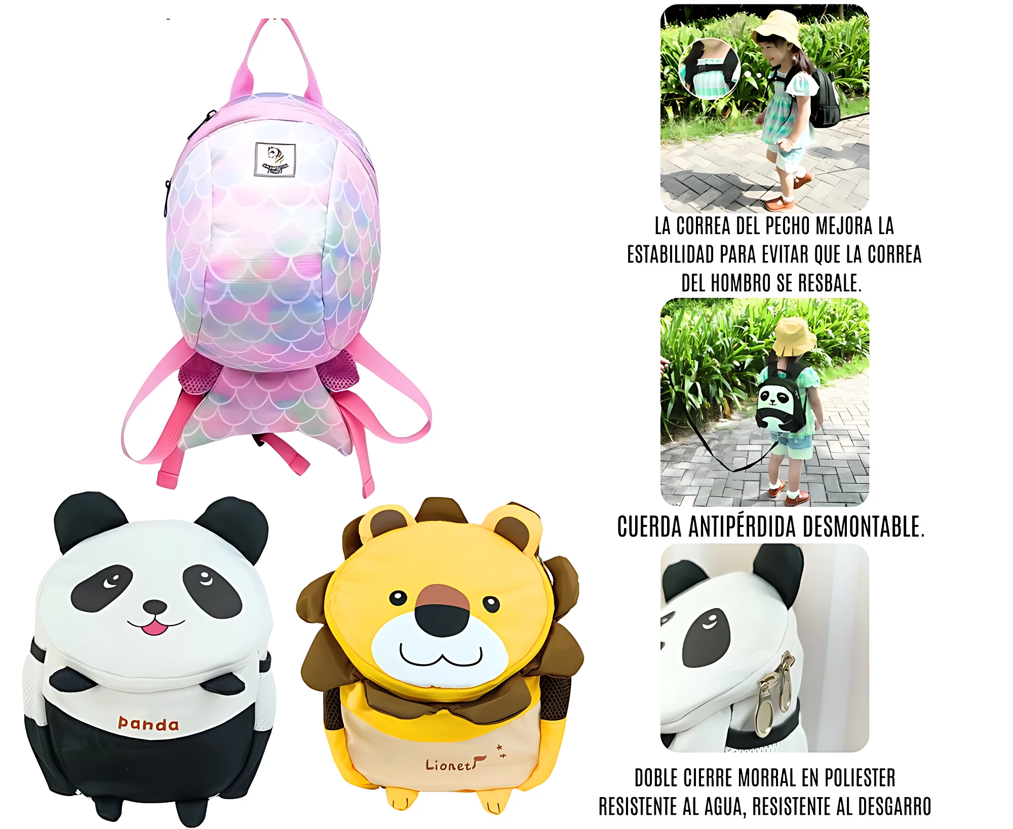 Mochila infantil con diseño de panda y león, correas antideslizantes y cierre doble en poliéster resistente al agua.