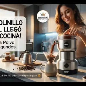 Mujer en cocina usando molinillo de café RAF plateado, moliendo granos sobre filtro de goteo; texto promocional visible.