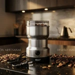 Moledora de café RAF en acero inoxidable sobre encimera oscura, con granos dispersos y cable visible; diseño compacto y funcional para uso doméstico.
