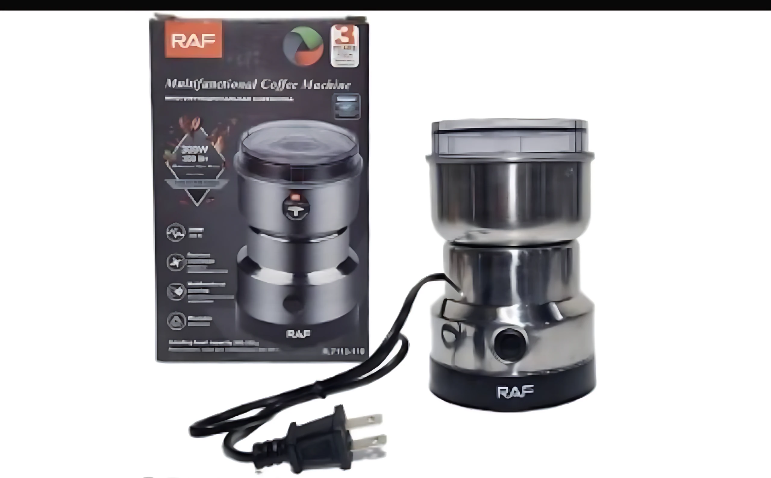 Moledora de café RAF en acero inoxidable con caja de molienda transparente, base negra y cable de alimentación incluido, vista frontal sobre fondo blanco.