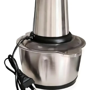 Molino de carne eléctrico de acero inoxidable con base y tapa transparentes, cable negro incluido.