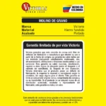 Etiqueta de garantía del molino de granos Victoria en hierro fundido pintado, con especificaciones técnicas y condiciones de cobertura.