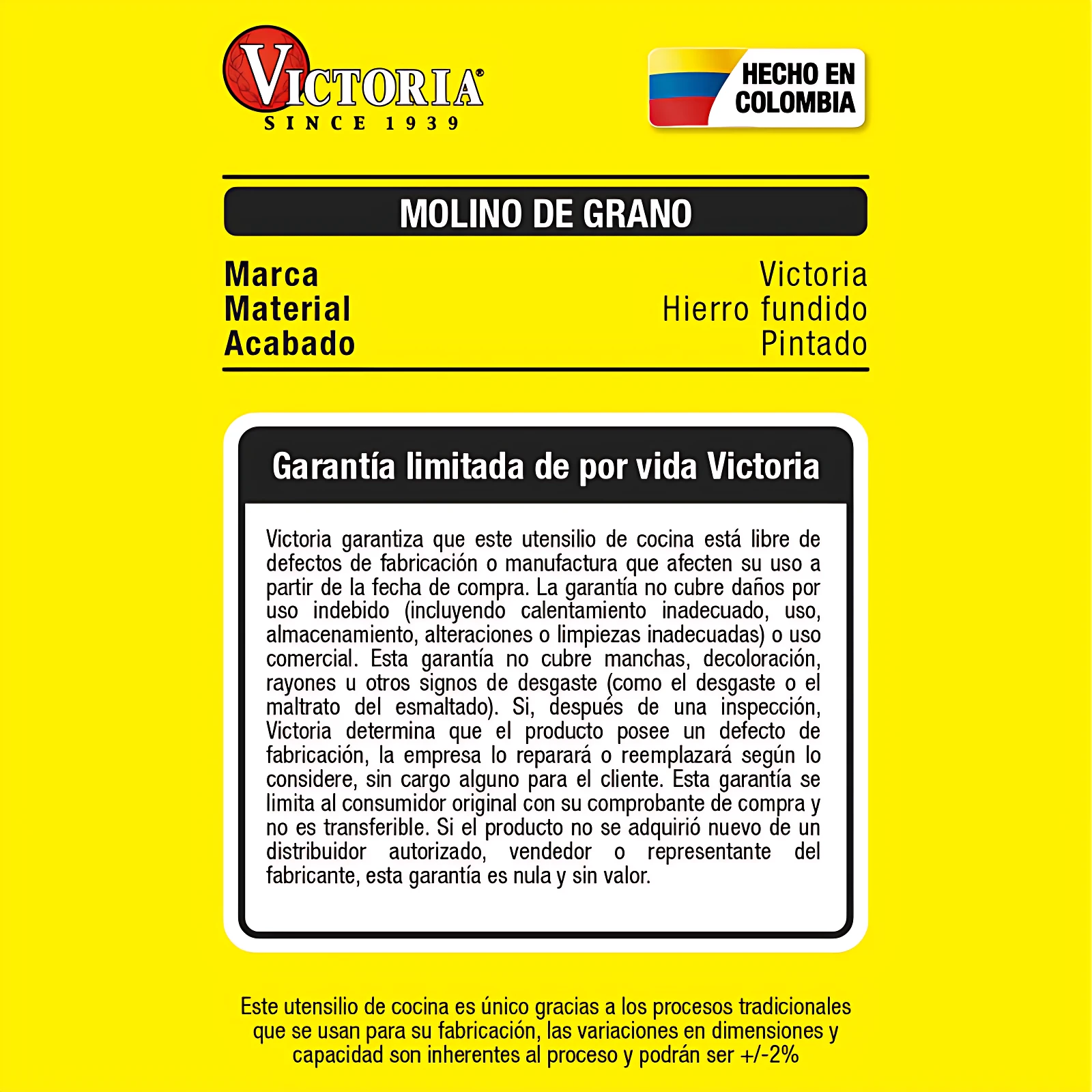Etiqueta de garantía del molino de granos Victoria en hierro fundido pintado, con especificaciones técnicas y condiciones de cobertura.
