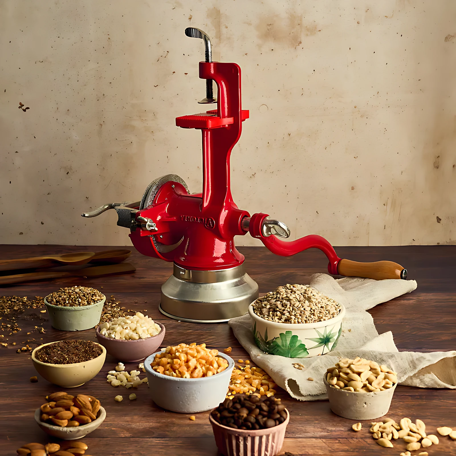 Molino de granos en hierro fundido color rojo con mango de madera, sobre mesa de madera rodeado de nueces, café y maíz en cuencos.