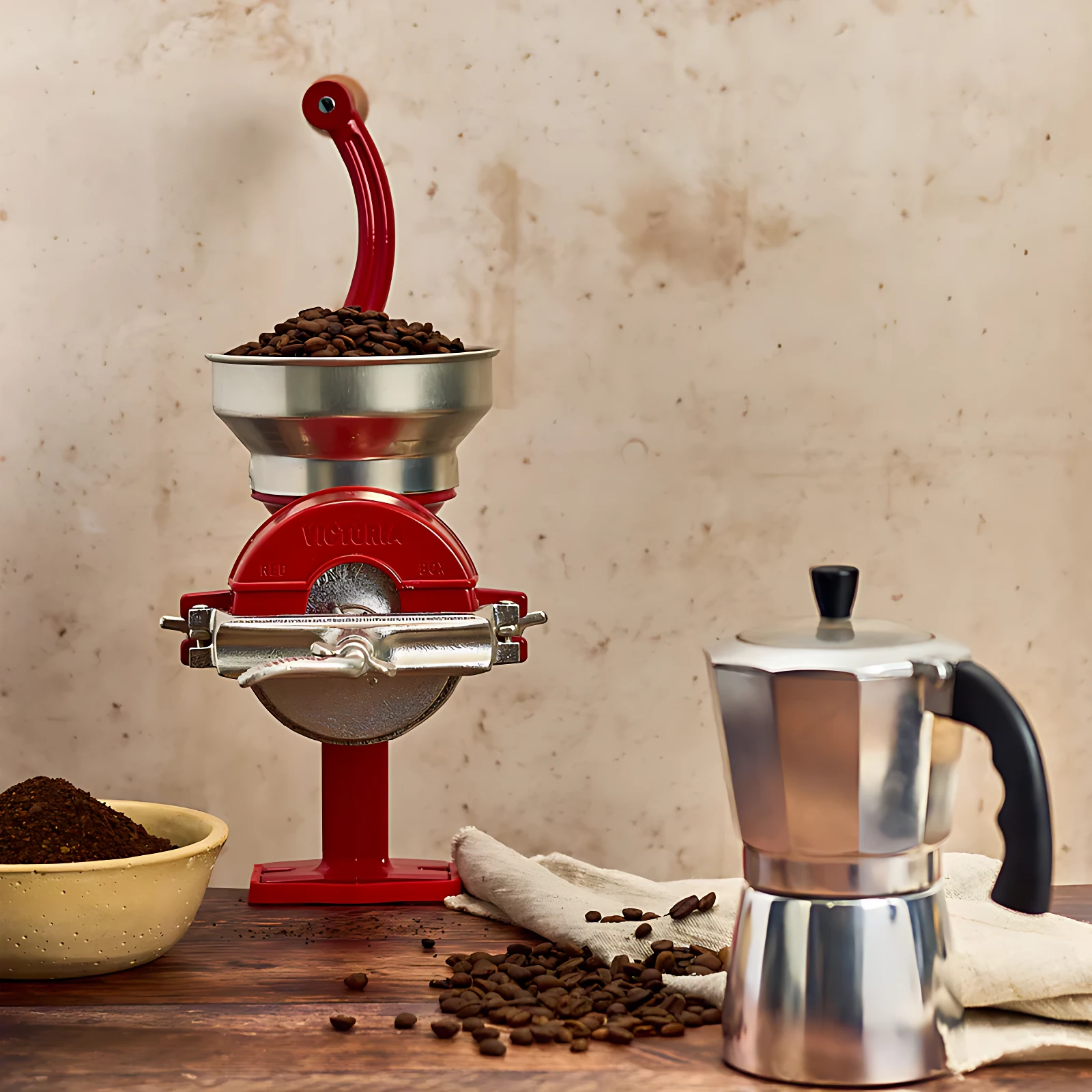 Molino de granos en hierro fundido Victoria, color rojo, con taza metálica llena de café en grano, sobre mesa de madera junto a cafetera italiana y bowl con café molido.
