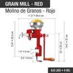 Molino de granos rojo en hierro fundido Victoria, con dimensiones de 14,6 pulgadas de alto y 11,6 pulgadas de ancho, mostrando su mango de madera y tolva metálica.